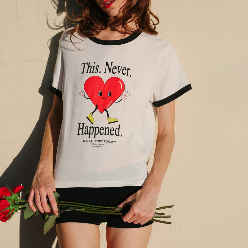 This. Never. Happened. - Perfect Ringer Tee - White & Black Snow - The Laundry Room