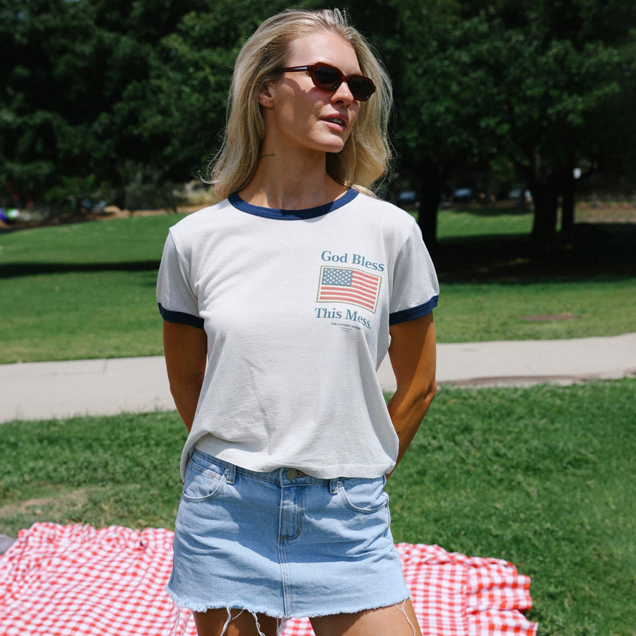 God Bless This Mess Flag - Perfect Ringer Tee - Bone & Navy Snow