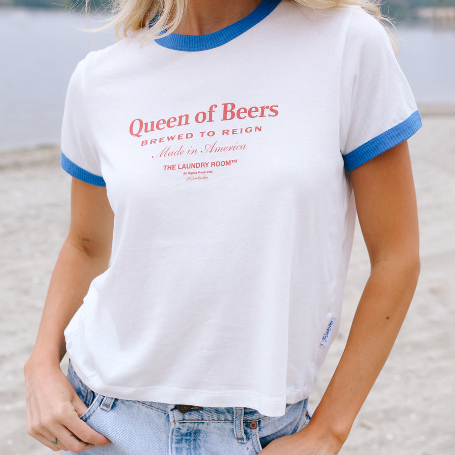 Queen Of Beers - Perfect Ringer Tee - White & Blue - The Laundry Room