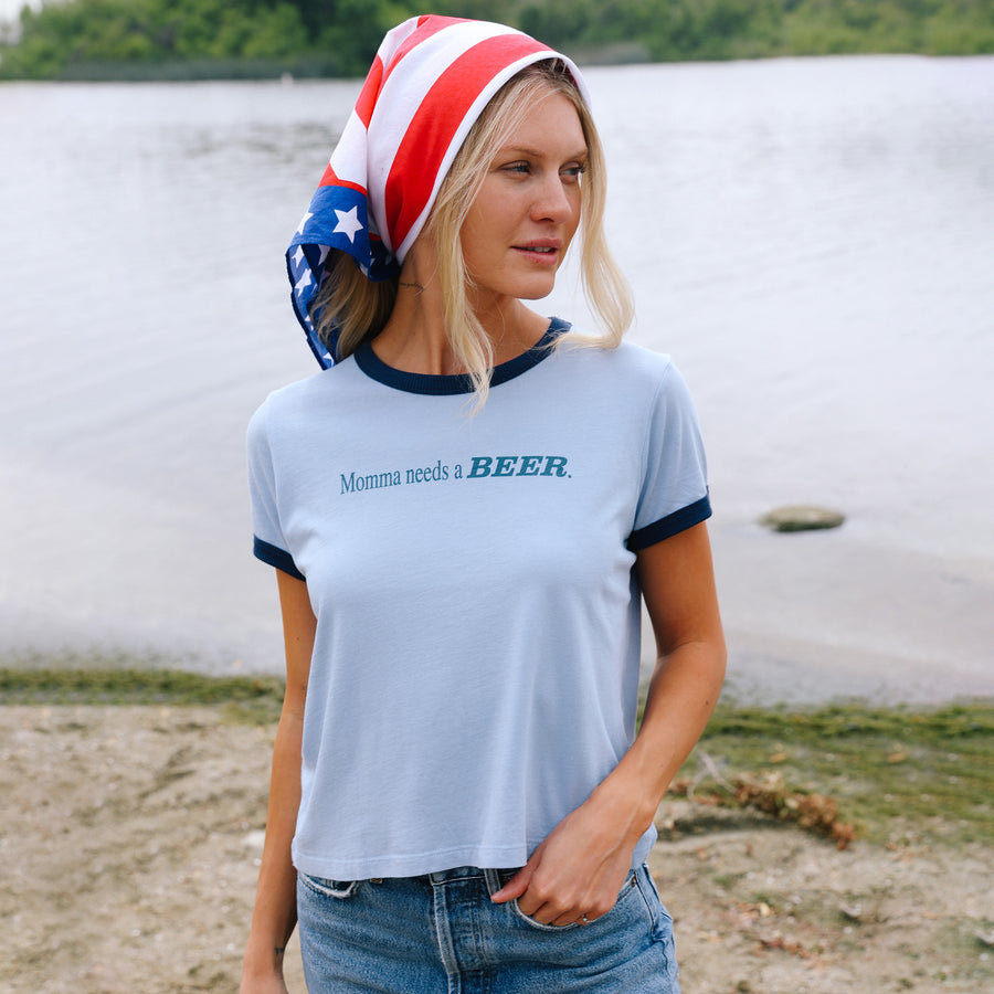 Momma Needs A Beer - Perfect Ringer Tee - Chambray & Navy Snow