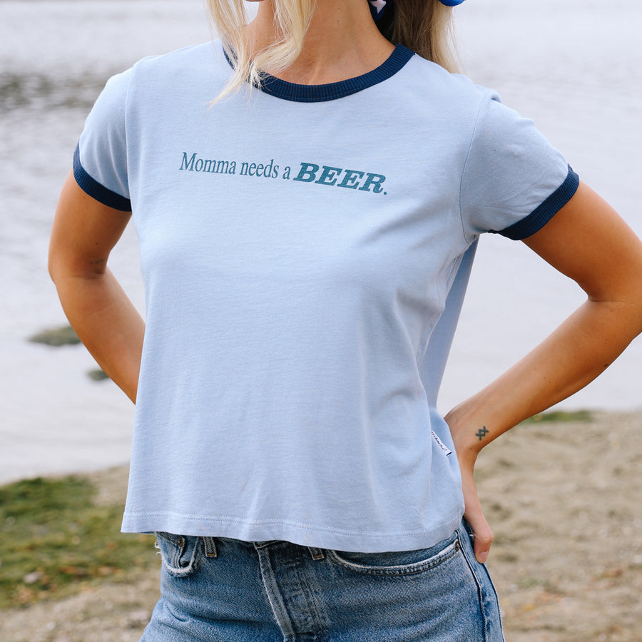 Momma Needs A Beer - Perfect Ringer Tee - Chambray & Navy Snow - The Laundry Room