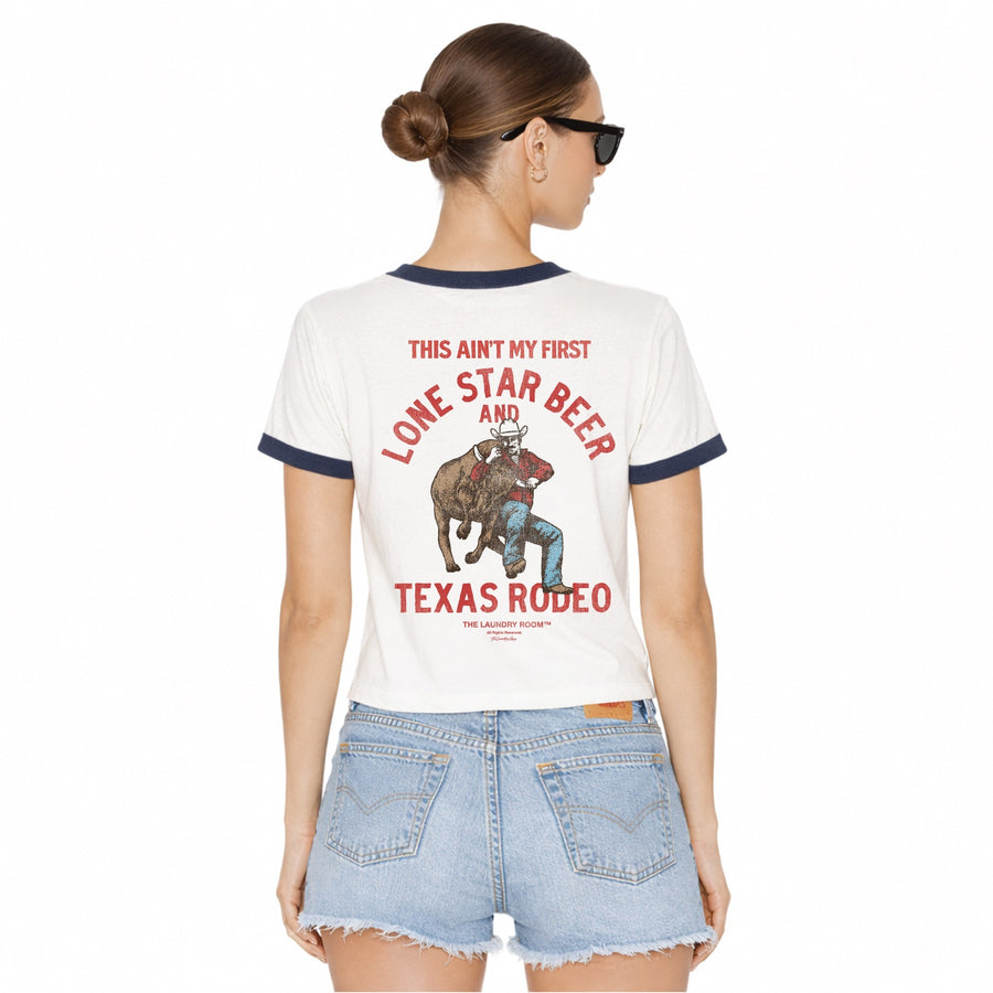 Ain't My First Lone Star Rodeo - Perfect Ringer Tee - Bone & Navy Snow
