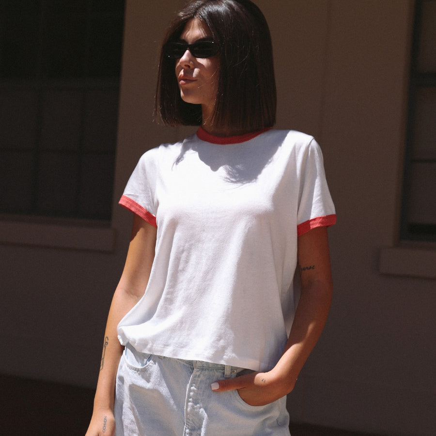 Essentials - Perfect Ringer Tee - White & Red