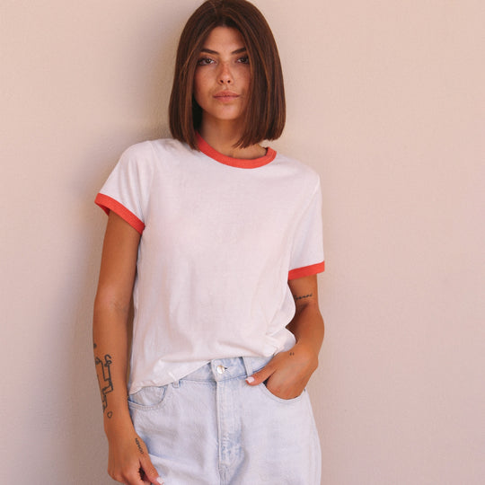 Essentials - Perfect Ringer Tee - White & Red