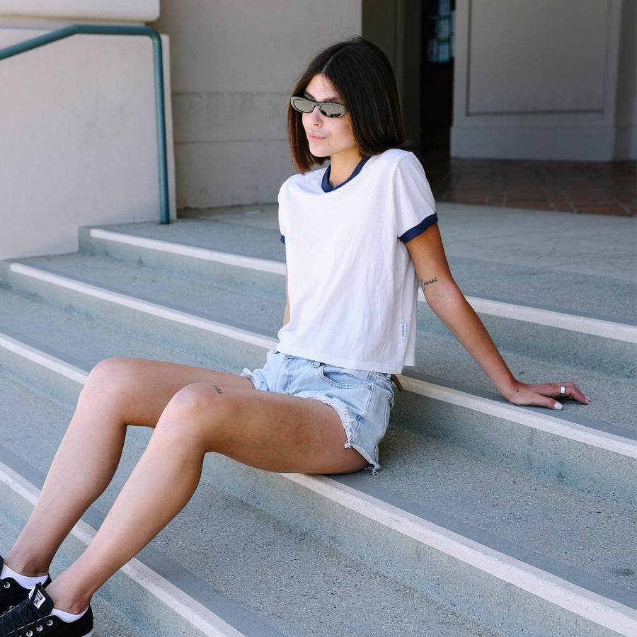 Essentials - Perfect Ringer Tee - Bone & Navy Snow