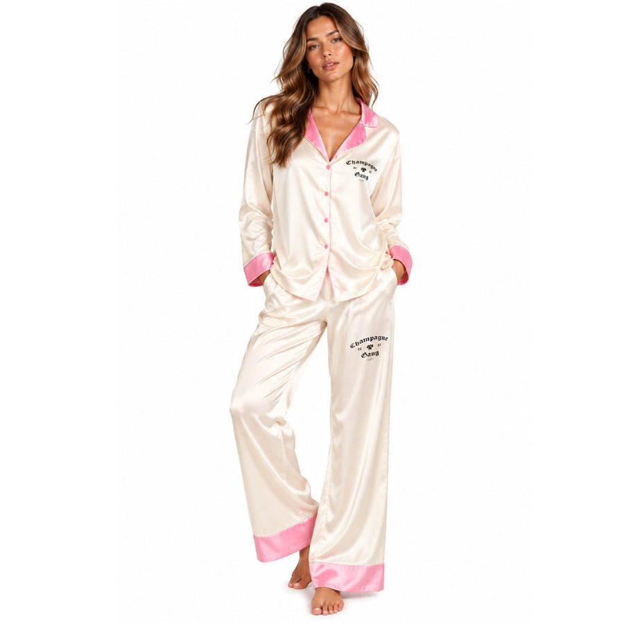 Champagne Gang - Silky PJ Set - Bone & Pink - The Laundry Room