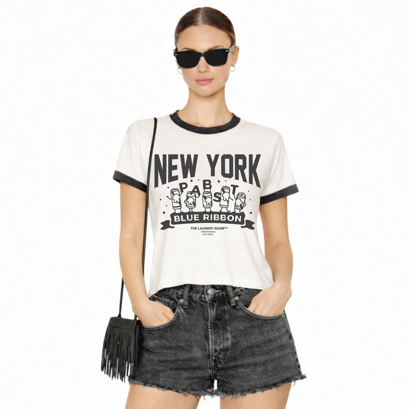 New York Pabst Blue Ribbon - Perfect Ringer Tee - White & Black Snow