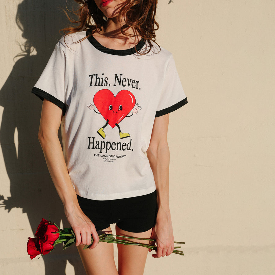 This. Never. Happened. - Perfect Ringer Tee - White & Black Snow - The Laundry Room